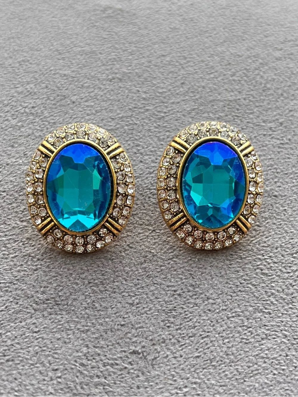 Gold-Tone Blue Crystal Oval Stud Earrings